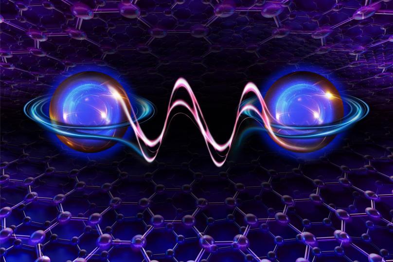 Graphic illustrating electron correlation, or the ability of electrons to talk with each other.
