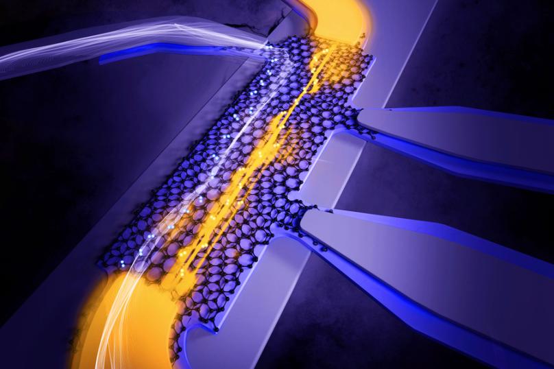 3d rendering shows yellow energy shooting across layers of graphene