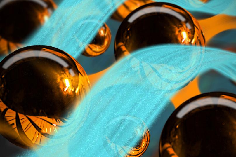 Artistic depiction of cyan superfluid wave in layered superconductor.