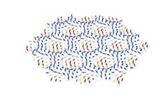 Artist’s rendition of skyrmions, exotic particles represented by the whirls of red, yellow, and white arrows.