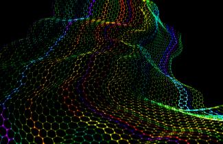 Decorative image shows a bending rainbow lattice on black background.