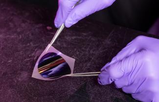 Hand with purple gloves holding film