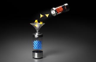 Caption:An artistic illustration of the integration between two distinct battery cathode structures, rock salt (blue polyhedra) and polyanion olivine (red/yellow polyhedra).