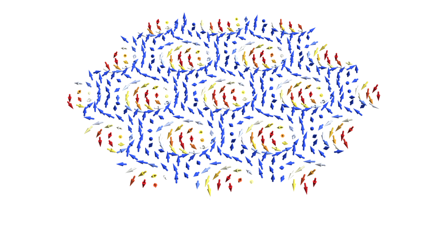 Artist’s rendition of skyrmions, exotic particles represented by the whirls of red, yellow, and white arrows.