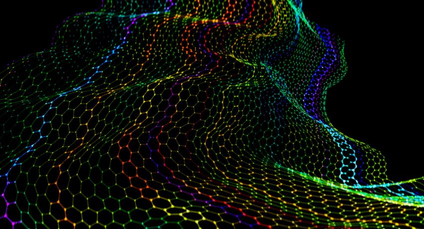 Decorative image shows a bending rainbow lattice on black background.