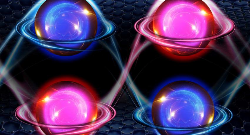 Between layers of graphene are 4 paired, shiny electrons. 2 are blue and 2 are red, and whisps of glowing energy connect them together. They have rings like Saturn, and these rings move them clockwise or counter-clockwise.