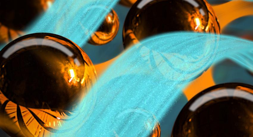 Artistic depiction of cyan superfluid wave in layered superconductor.