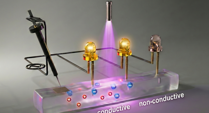 A figure depicting the flexible gel whose conductivity depends on the application of light.